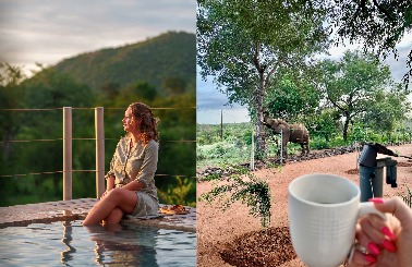 Guest at the pool deck and elephant at the waterhole, Phomola Manor